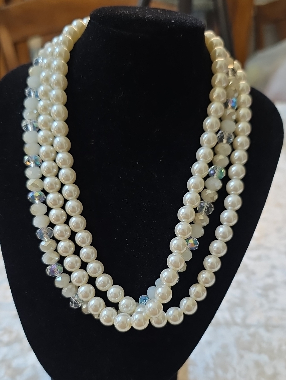 Ivory Multi-Strand Choker Feminine Pearl Necklace w Faceted Accent Beads